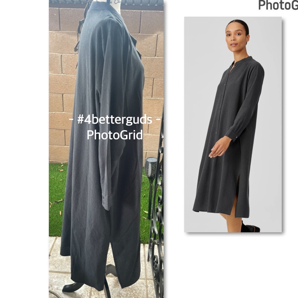 Eileen Fisher Mini Check Crepe Mandarin Collar Long Sleeve Shirt Dress LG L/G - Picture 4 of 16
